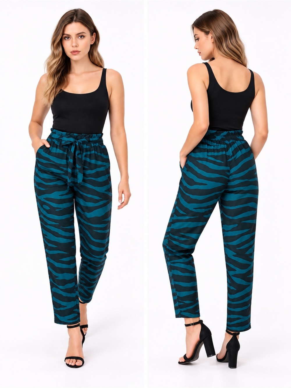 BELLA DAHL Zebra Print Atlas Belted Viscose Jogger Trousers Pants Pockets Blue M